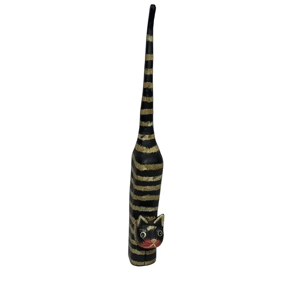 Carved Wooden Striped Cat Figurine Folk Art Hand-Painted Black Gold